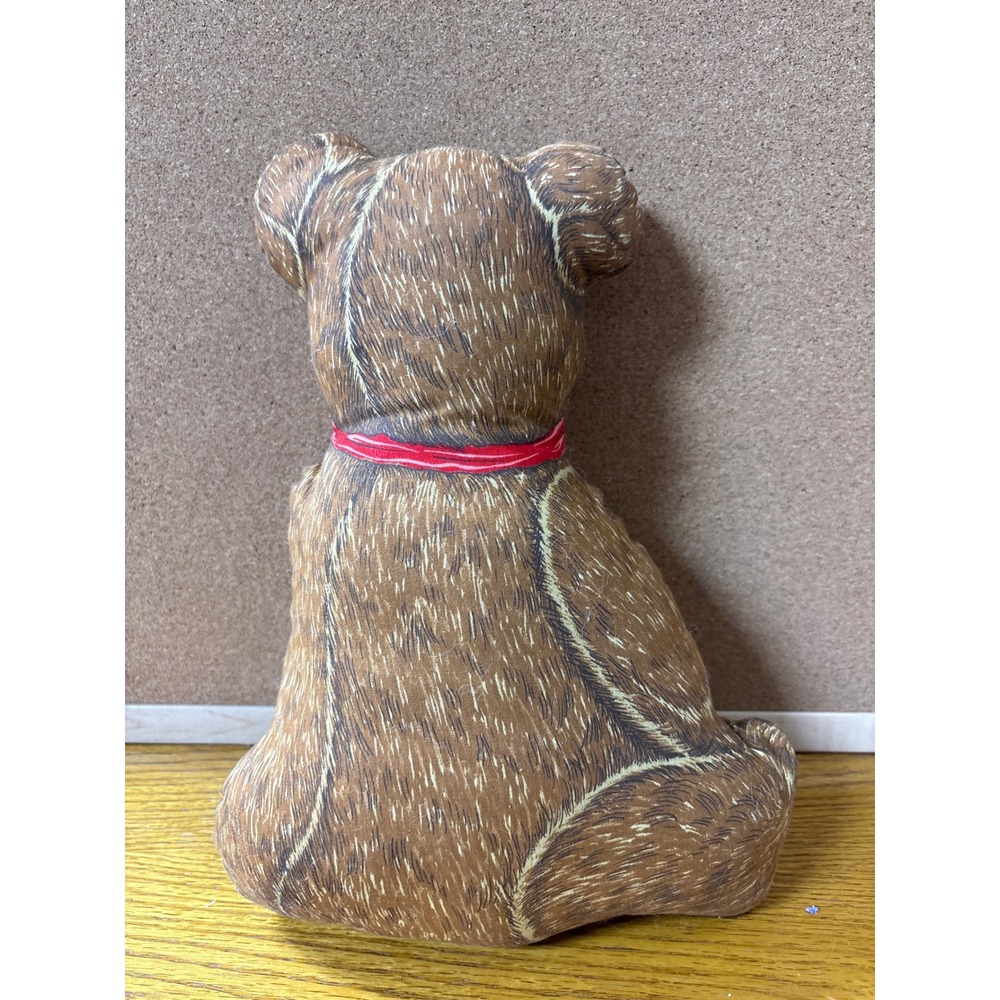 Vintage Fabric Teddy Bear Pillow Brown Printed Cotton Plush Red Bow Decor - Picture 3 of 6